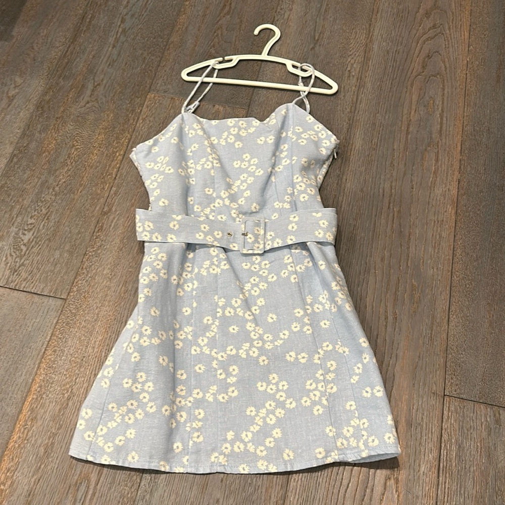 Blue and white floral belted linen dress